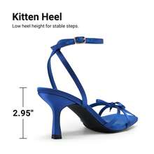 Women Stiletto Heeled Sandals With Bowknot Decor, Fashion Kitten Heels Square Open Toe Ankle Strap Heeled Sandals For Wedding Party Evening - 寶藍色 - 查看 5