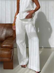 Women Y2K Tie-Up Waist Pants Low Rise Striped Wide Leg Relaxed Fit Palazzo Trousers Casual Lounge Pants Streetwear - 白色 - 查看 1