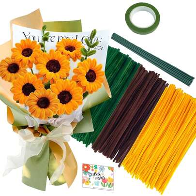 212 件向日葵彩色毛根工艺品，3 种不同颜色毛根散装，适用于 DIY 向日葵套件（含花艺铁丝、园艺胶带、贺卡）