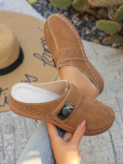 大码 36-45 夏季时尚休闲棕色绒面革厚底凉鞋，户外金属链条装饰舒适厚底坡跟凉鞋，女士款