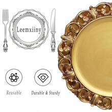 6 platos de servir de plástico con textura, con borde en relieve, en color dorado antiguo de 33 cm, para decoración de mesa, fiestas, bodas y días festivos - FD01G - Ver 5