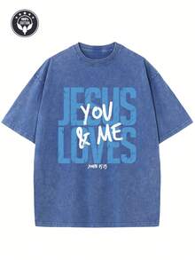 Men's And Women's Heavyweight 230g 100% Cotton Jesus Loves You T-Shirt - Vintage Christian Faith Bible Verse (John 15:12) Print, Blue Washed Street Style T-Shirt, Loose Casual Church Wear, Breathable Crew Neck Short Sleeve New Casual T-Shirts For Men And Women-HD07 - 藍色 - 查看 1