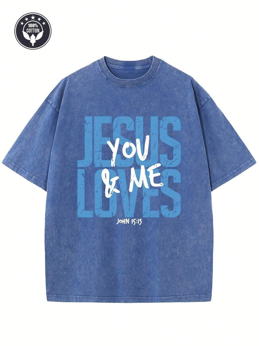 Men's And Women's Heavyweight 230g 100% Cotton Jesus Loves You T-Shirt - Vintage Christian Faith Bible Verse (John 15:12) Print, Blue Washed Street Style T-Shirt, Loose Casual Church Wear, Breathable Crew Neck Short Sleeve New Casual T-Shirts For Men And Women-HD07 - 藍色 - 查看 1