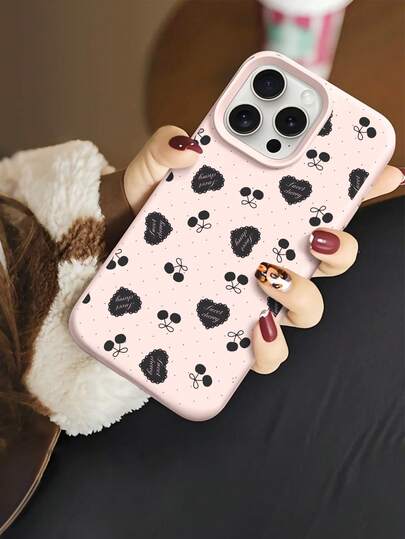 1 pieza Funda de teléfono suave de silicona líquida a prueba de golpes con patrón de corazón, lunares negros y cereza, estilo de moda para el Día de San Valentín, compatible con Apple 11/12/13/14/14Plus/15/15Plus/16/16Plus/17/17Pro