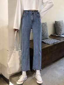 Women's Pocket Button Casual Versatile Commuting Denim Jeans - Blue - View 3