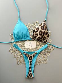 Women's Summer Beach Leopard Print Halter Tie Sexy Bikini Swimsuit Set Vacation - Baby Blue - View 1