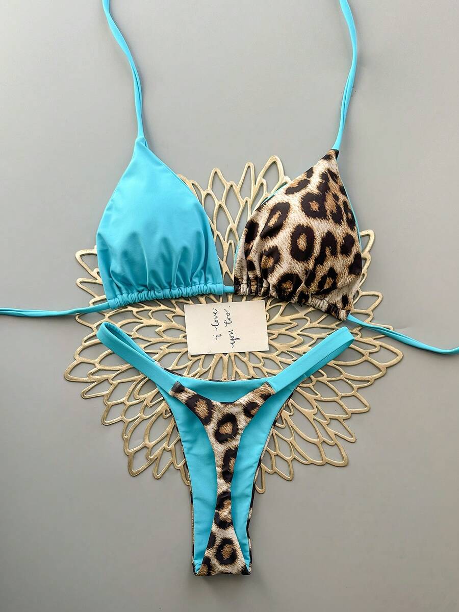 Women's Summer Beach Leopard Print Halter Tie Sexy Bikini Swimsuit Set Vacation - Baby Blue - View 1