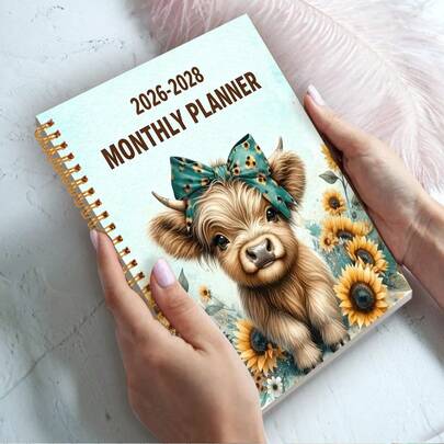2026-2028 3-Jahres-Planer - Süße Sonnenblume, grüne Schleife, Highland Cow Design, Weihnachts- und Neujahrgeschenk, Wochen- und Monatsübersicht, Spiralbindung, geeignet für Büro, Schule, Zuhause, Geschenk - Stabiler Papierorganizer, Schulmaterial, romantisches Thema, robuste Bindung, funktionelles Tagebuch, Büromitarbeiter, Notizbuch, Tagebuch, Schreibwaren, Schulheft, Journal