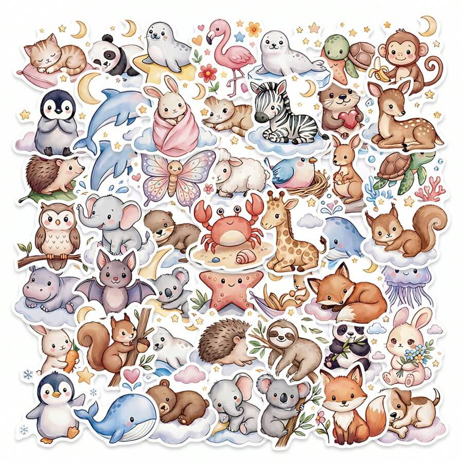 50/100張夢幻動物貼紙-柔和色調熊貓、狐狸與水母在雲朵與花朵中,乙烯基貼紙,適用於水壺、筆記本電腦與剪貼簿,適合成人與青少年,返校季 - A - 查看 1