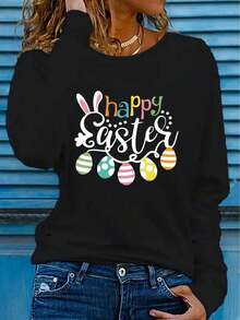 Women's Happy Easter Pattern Long Sleeve-Shirt - Red Round Neck Design, Casual Spring Summer Wear, Washable Polyester, Suitable Vacation Or Sports Clothing, Women's-ShirtCasual Daily Wear - 黑色 - 查看 1