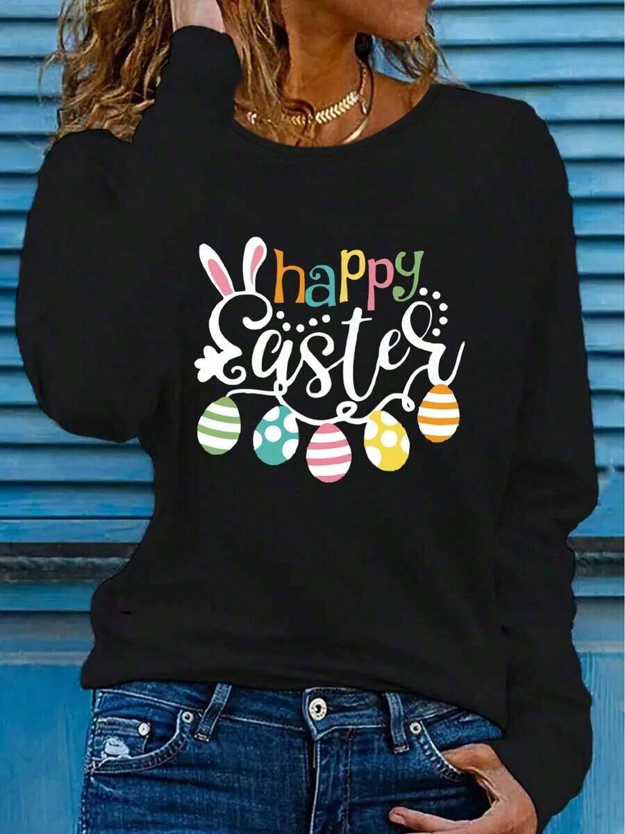 Women's Happy Easter Pattern Long Sleeve-Shirt - Red Round Neck Design, Casual Spring Summer Wear, Washable Polyester, Suitable Vacation Or Sports Clothing, Women's-ShirtCasual Daily Wear - 黑色 - 查看 1
