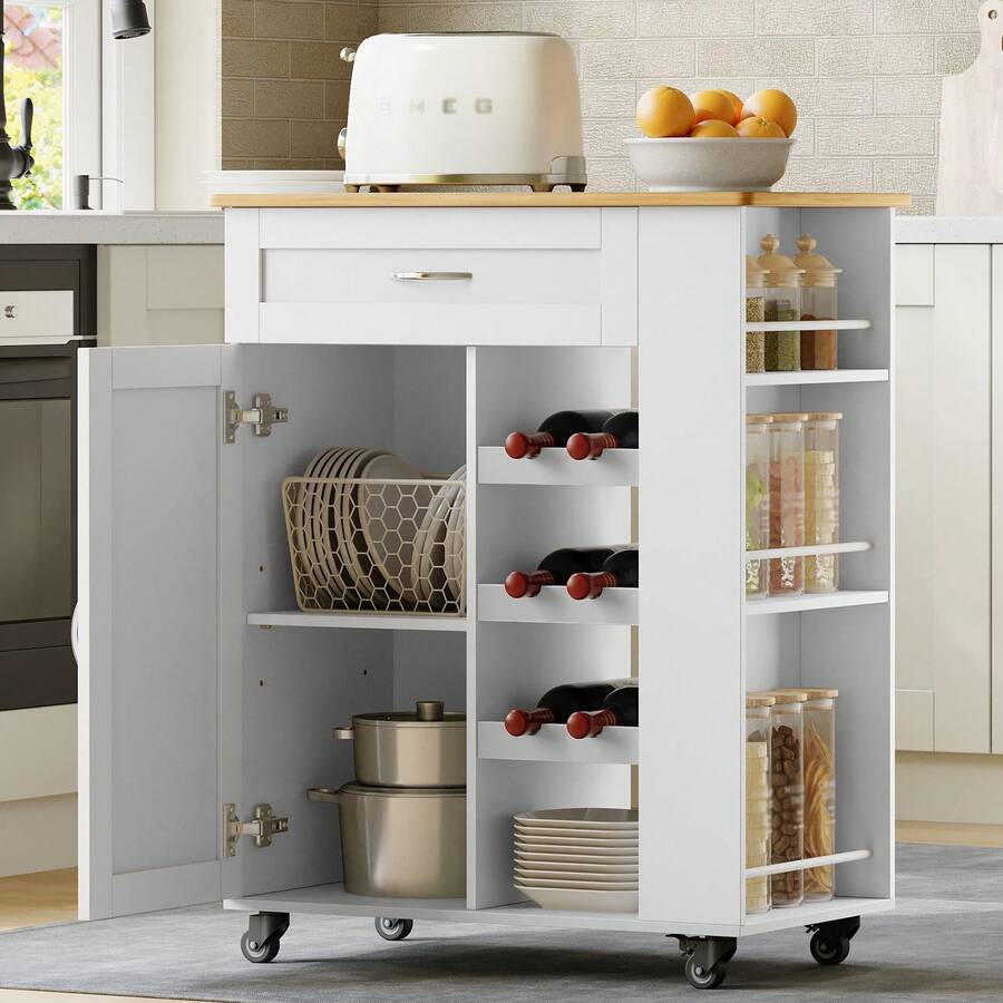 HaluPeit Serving Trolley With 3-Tier Wine Rack, Kitchen Trolley With Wheels, 3-Tier Storage Shelf, Wine Rack, For Kitchen, Living Rooms And Dining Rooms & Outdoor Use, 68 * 86 * 40 Cm - White - View 1