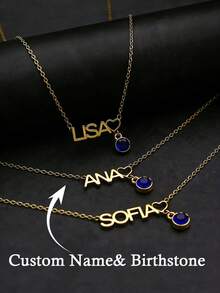 1pc Customized Name Necklace Personalized Name Necklace With Birthstone Pendant Exquisite Customized Stainless Steel Nameplate Pendant Necklace Choker Handmade Jewelry Birthday Gift Christmas Gift Valentine's Day Gift For Her Him - Gold - View 2