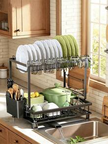 2Layer Double Layer Heavy-Duty Metal Bowl Rack With Drainage Board, Cutlery Rack, And Cup Hook | Space Saving Countertop Bowl Rack, Adjustable Plates, Pots, Pans, And Sturdy Kitchen Storage Rack - Black - View 3