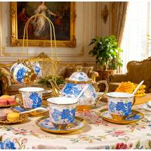 Gold Plated Red Rose Ceramic Tea Set, Vintage Tea Sets With Teapot, Beautiful Tea Set Coffee Serving 6 People (Blue Rose, Large) - BlueRose - View 3