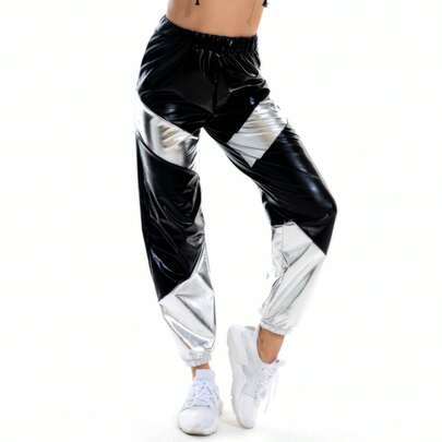 COS Women's Color Block Long Pants, Wide Leg Patent Leather Pants With Gold Embossed Detailing, Ladies' Formal Pants, Long Pants For Stage Performance