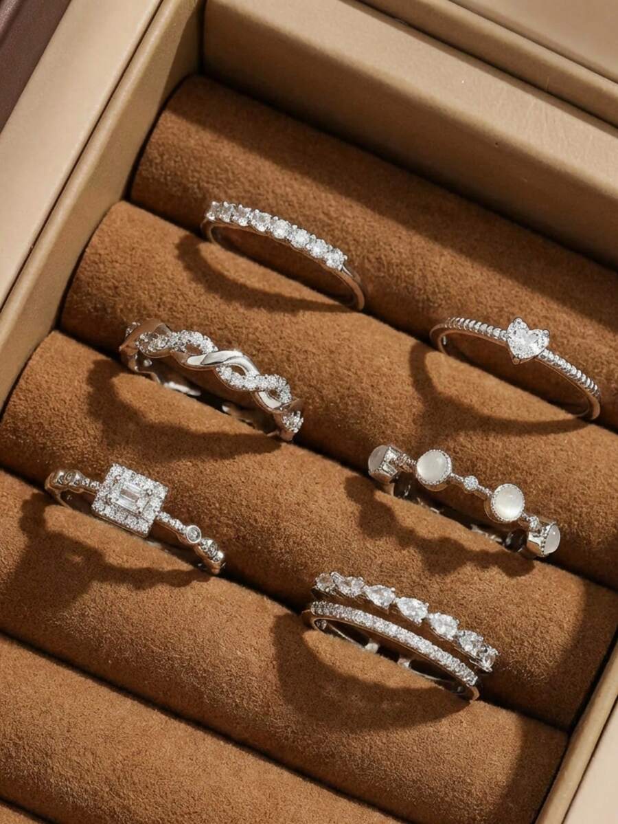 6件套奢华优雅精致小众时尚水钻心形及几何圆形铜合金戒指套装，适合女性日常及节日佩戴 - 六件組戒指-B款 - 查看 1