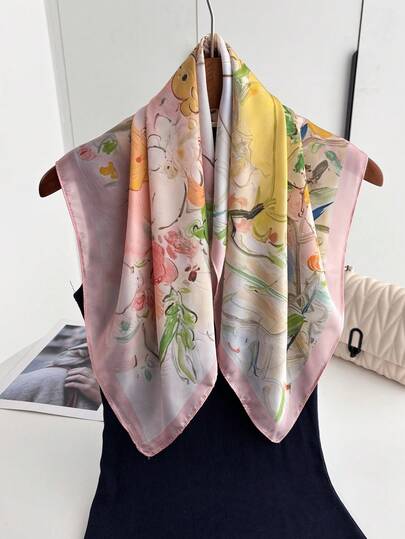 1条2026款优雅花卉水彩印花仿丝方巾，尺寸65*65厘米，轻盈专业女士领巾，适合户外活动、骑行、约会、旅行、街舞、直播、摄影等场合。