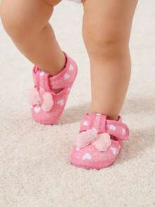 1 Pair Pink Heart Print Baby Walking Shoes Soft Sole First Walkers With Pompom Bow Decor Easy On/Off Hook & Loop Straps Breathable Cutout Design For Indoor Outdoor Use - Pink - View 3