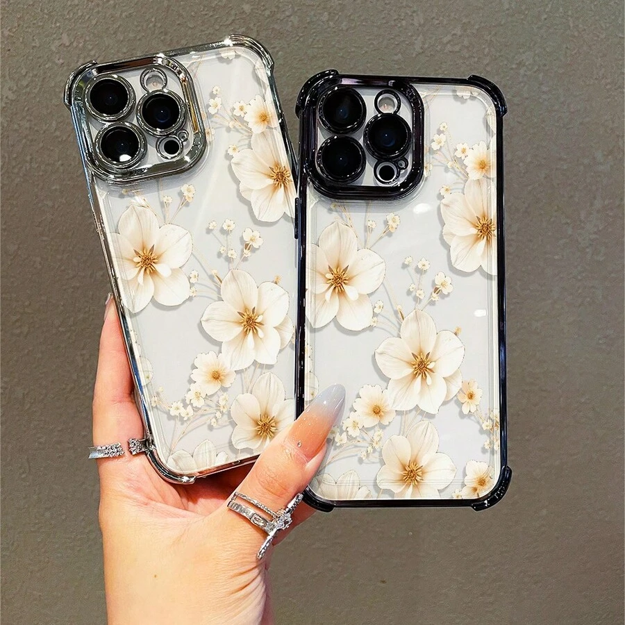 1 Stück, weißes, gelbes Herzblumenmuster, einfaches, stilvolles, quadratisches Handyhülle für iPhone 11/12/13/14/15/17/Air/Pro/Plus/Pro Max und Galaxy S22/S223/S84/S25/Ultra/FE/EDGE. Geeignet als Geschenk für Freunde oder Valentinstagsgeschenke. - Verschiedenfarbig - Übersicht 1