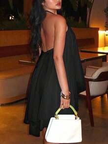 Women's Backless Spaghetti Strap Sleeveless Mini Dress, Sexy Elegant Fashion Party Skirt, Suitable For Office, Commute, And Vacation - 黑色 - 查看 4