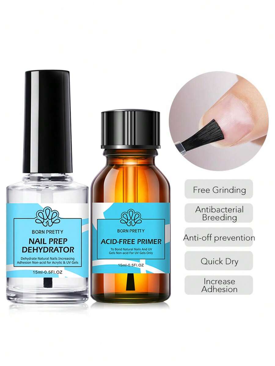 BORN PRETTY 15ml Transparent Nail Dehydrator, Gel Nail Polish No Need UV LED Lamp Base Coat Top Coat, Nail Art Varnish Suitable For Home And Salon Use - 1 Set - View 1