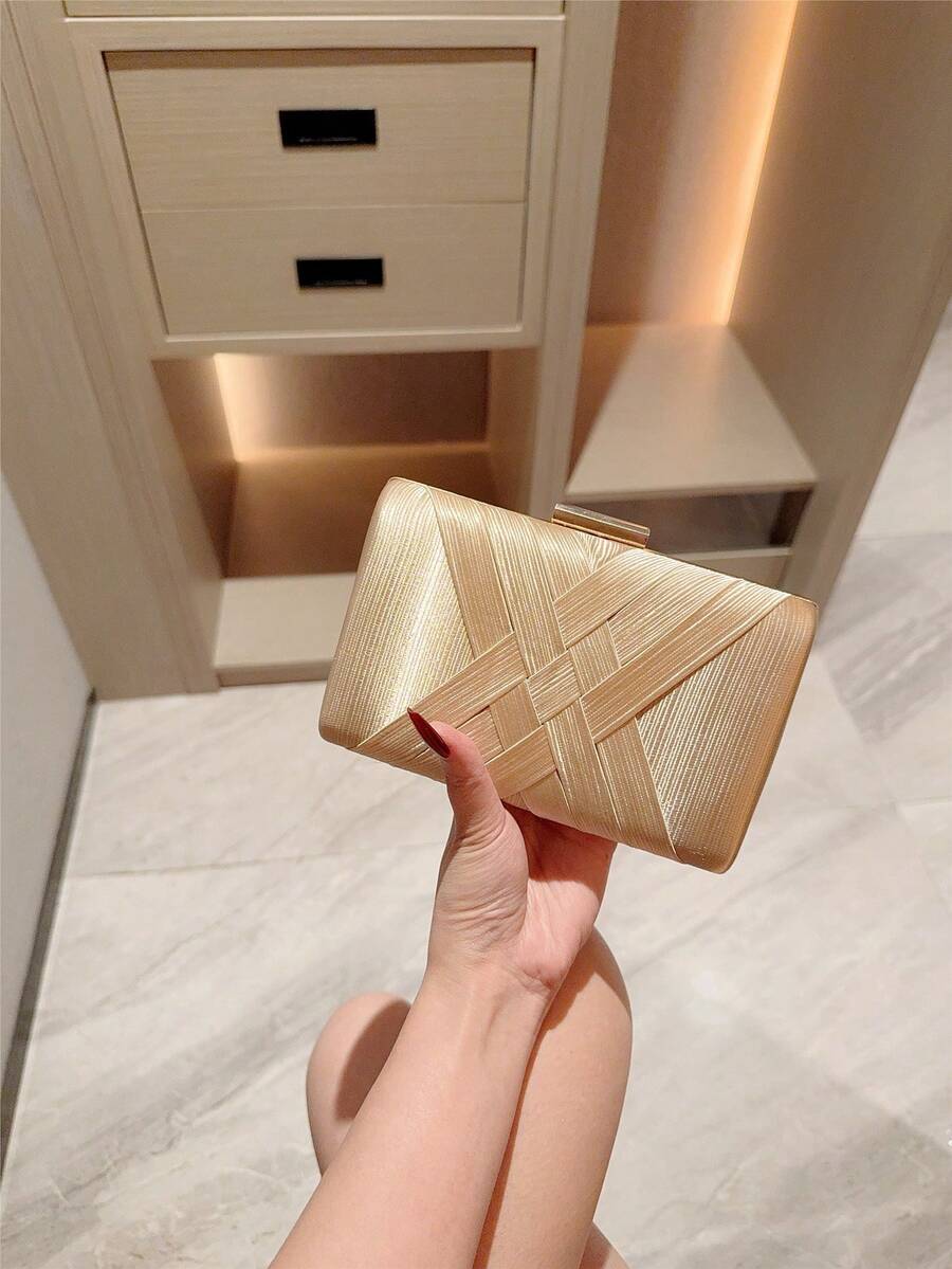 女士经典交叉设计优雅盒形晚宴手拿包，正式晚宴手提包 - 金色 - 查看 1
