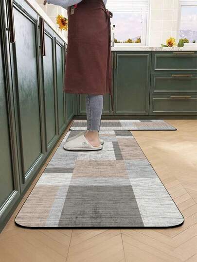 1pc Silica Gel Kitchen Floor Mat, Light-Colored Abstract Geometric Patchwork Pattern In Low Saturation Shades Of Gray, Beige, Light Brown, Approximately 3.5mm Thick, Can Be Trimmed To Size, Simple Silica Gel Soft Rubber Mat With Durability And Comfort, Suitable For Kitchen, Bathroom, Entryway, Laundry Room, Bedroom, Living Room Decor