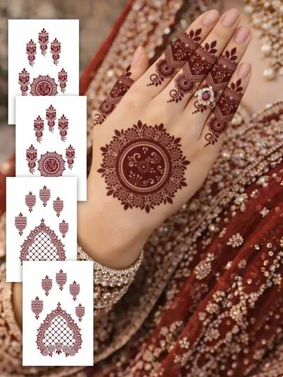 4 Sheets Red Brown Henna Style Tattoo Body Art Temporary Tattoos Suitable For Women. Waterproof Fake Tattoo, Lasting 2-5 Days,Can Cover Scars. Can Be Used On Fingers, Arms, Neck, Chest, Waist, Legs, Feet, And Ankles. Suitable For Weddings, Holidays, Parties, Gifts, And Vacations Holiday Celebration Ramadan Eid Al-Fitr