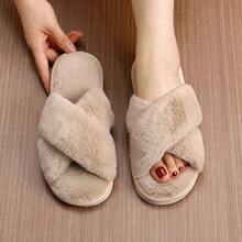 Furry Slippers With Cross Openings For Autumn And Winter, Non-Slip Flat Bottom, Couple Style, Open Toe, Thick And Warm - Màu Khaki - Xem 5