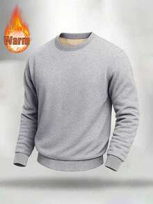 Men's Casual Fleece Lined Warm Crew Neck Sweatshirt, Autumn/Winter - Light Grey - View 2