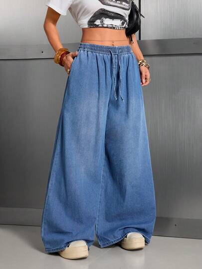 Women's Casual Wide Leg Jeans With Drawstring Waist, Pockets, Long Bohemian Style Non-Stretch Fabric