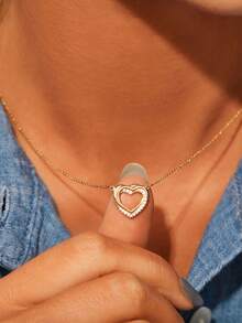 BALMORA 1条S925纯银甜美优雅镶嵌锆石重叠双镂空心形项链，女士情人节母亲节珠宝礼物 - 金色 - 查看 1