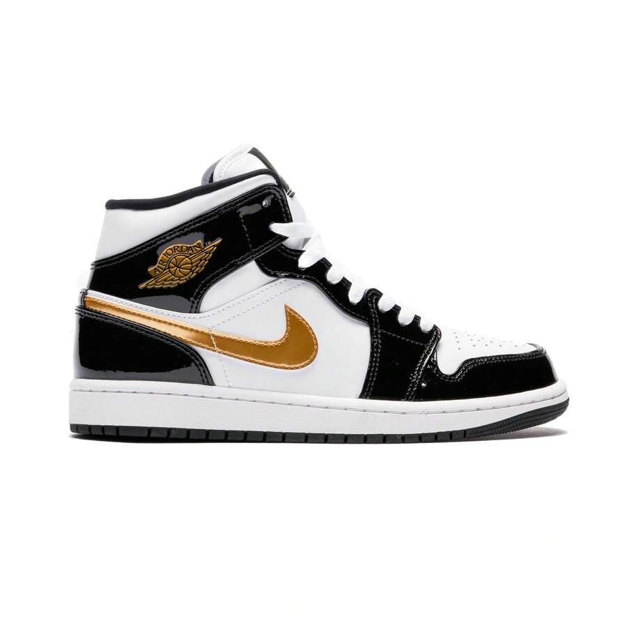 Nike Air Jordan 1 Mid Patent Black White Gold 852542-007 Men's Fashion Sneaker New - 黑與白 - 查看 1