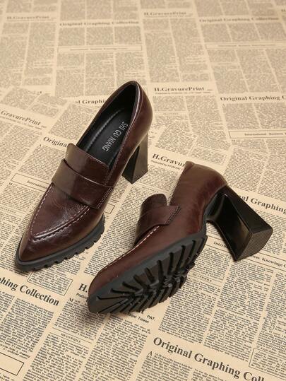 2026春季新款女鞋，尖头时尚优雅复古真皮高跟鞋，粗跟休闲通勤显瘦时尚黑色和酒红色