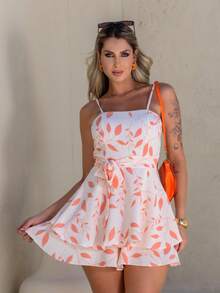 Basic Printed Jumpsuit With Padded Cups - Duna Premium - White Floral Print Aperol - View 1