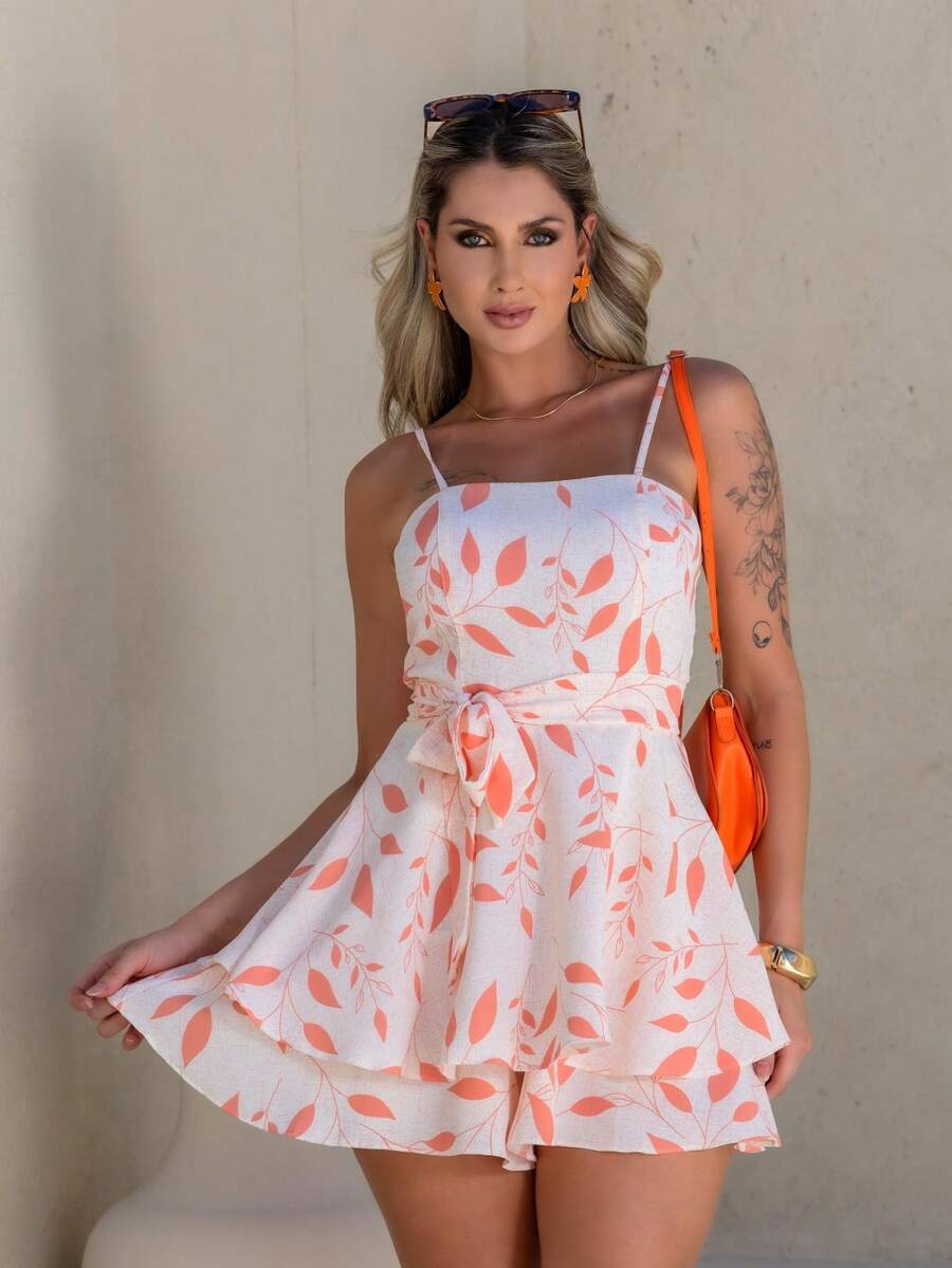 Basic Printed Jumpsuit With Padded Cups - Duna Premium - White Floral Print Aperol - View 1