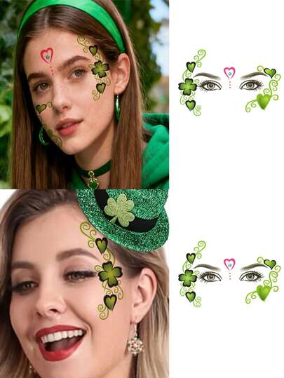2 แผ่น, สติกเกอร์รอยสัก, Happy Saint Patrick, ลายโคลเวอร์สีเขียว, ลายโคลเวอร์บนใบหน้า, รอยสักชั่วคราวสำหรับออกแบบศิลปะบนเรือนร่าง, ติดและลอกออกง่าย, เหมาะสำหรับงานเทศกาล, ปาร์ตี้.
