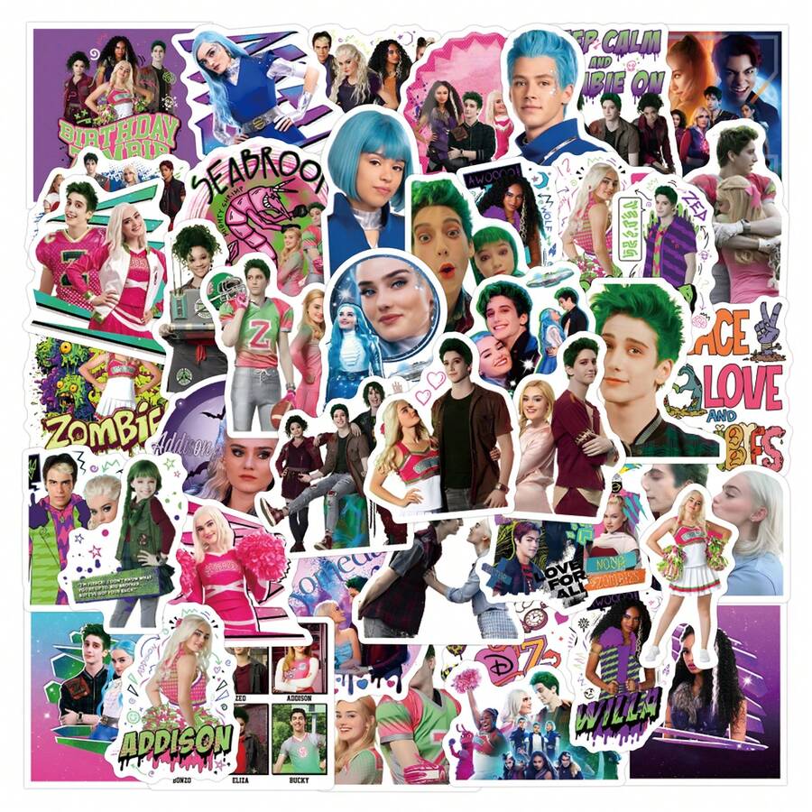 56张僵尸高中主题贴纸，高品质精美贴纸，适用于剪贴簿、日记本、笔记本电脑、保险杠、滑板、水瓶、电脑、手机、安全帽、汽车贴纸和装饰贴花 - 隨機風格 - 查看 1