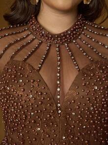 高端长袖蕾丝泡泡袖系带修身连衣裙，适合舞会、婚礼、派对、婚礼宾客礼服、晚礼服等场合。 - 咖啡棕 - 查看 7