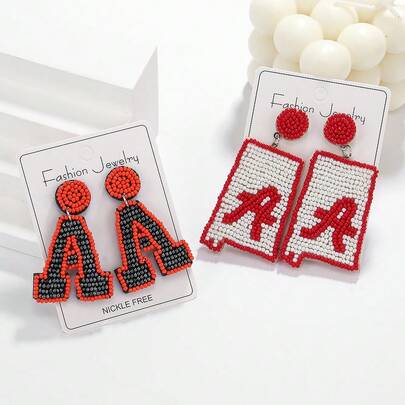 1 Pair Letter A Rice Bead Pearl Earrings - Creative Hand-Sewn Beaded Earrings, Red And White Earrings For Back-To-School Season And Grading Letter A Earrings
