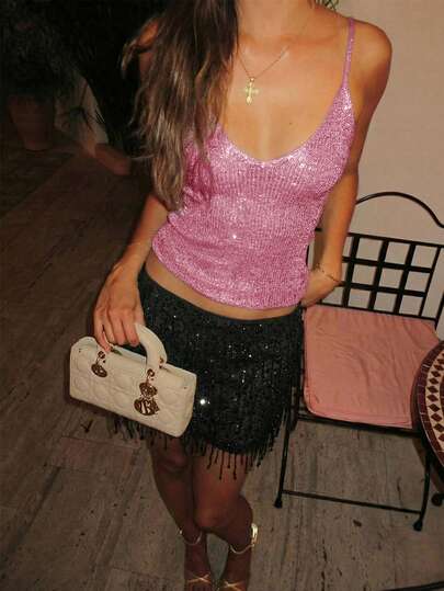 For Love & Bella Women's Casual Cute Y2K Sexy Shiny Sequin Knit Camisole V-Neck Spaghetti Strap Tank Top, Women's Summer Outgoing Holiday Party Nightclub Date Music Festival Country Music Concert Outfit, Pink, Burgundy