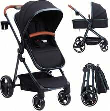 2-en-1 cochecito de bebé con cesta de Moisés para bebés y recién nacidos de 0 a 36 meses, cochecitos plegables ligeros de viaje con paraguas, cochecitos compactos con asientos reversibles para niños pequeños - Negro - Ver 1