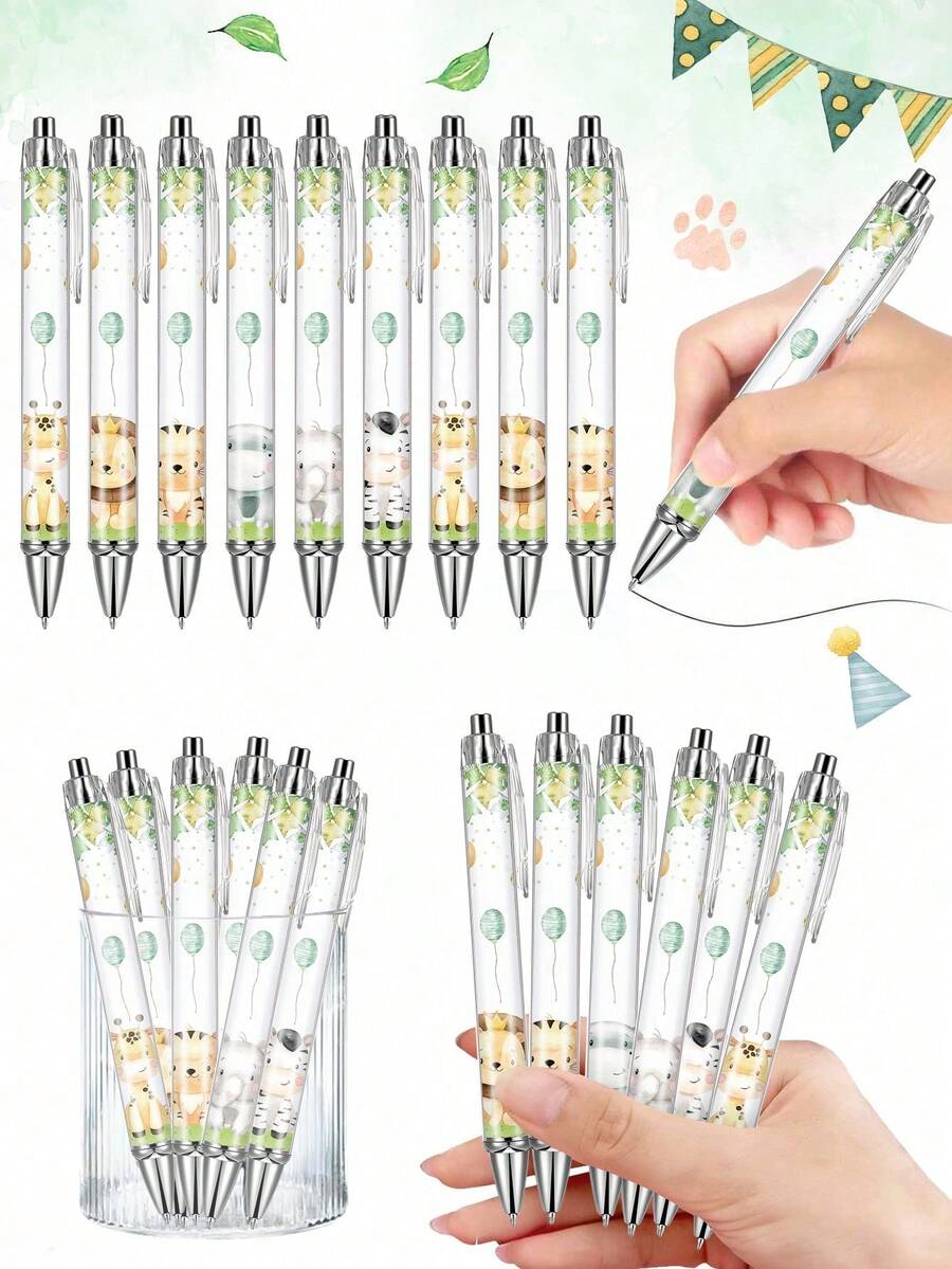 6支装丛林动物图案可伸缩圆珠笔，黑色笔尖，适用于婴儿派对、丛林主题派对、周岁生日派对、性别揭晓派对、节日派对、礼品和学习用品，丛林动物主题派对装饰，婴儿派对用品