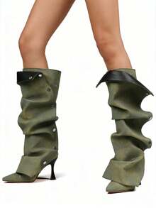 Women's Knee High Boots Stiletto Boots Pointed Toe High Heels Wide Calf Ruched Slouchy Boots Detachable Snap-Off Panel Mid Calf Boots Black Boots - 牛仔-B - 查看 6