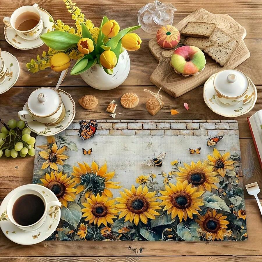 4pcs Retro Sunflower Butterfly Table Mats | Non-Slip, Wipe Clean Dining Table Mat Set For Party, Kitchen Dining Decoration, Linen Material - 12x18inch - View 1