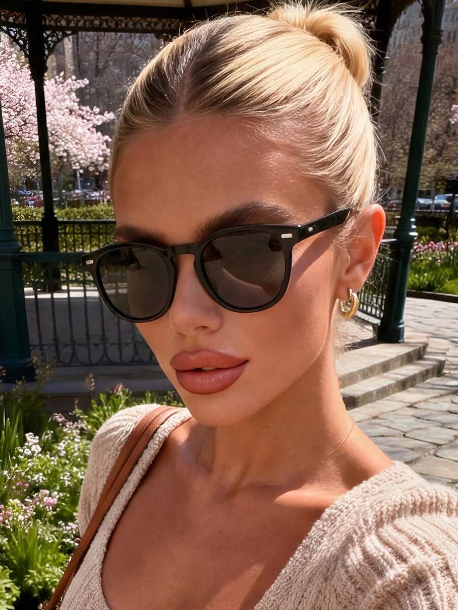 一副男女通用的圆形复古眼镜，百搭学院风时尚眼镜，适合度假、海滩、旅行、日常穿搭、返校季等场合。 - 黑灰 - 查看 1