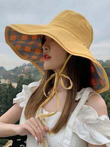 1pc Summer Wide Brim Sun Hat, Reversible Outdoor Versatile Bucket Hat - A - View 1