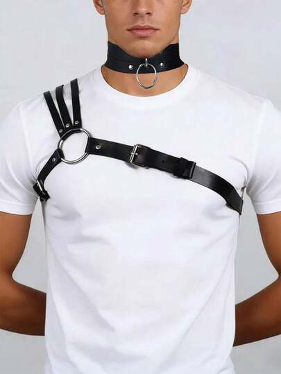 1/2pcs Men's PU Leather Collar And Shoulder Straps, Gothic Style Lingerie Accessories, Suitable For Daily Wear And Holiday Parties