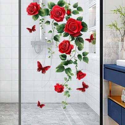 1pc Romantic Red Rose Vine & Butterfly Static Cling Sticker, Self-Adhesive Waterproof Bathroom Glass Door Decor